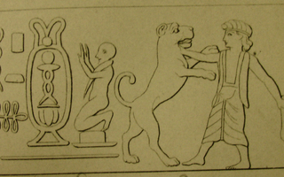Dual scene: Contest scene depicting Persian hero fighting lioness/Cultic scene depicting worshipper kneeling before hieroglyphic signs