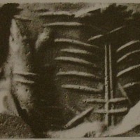 Kneeling worshipper flanking stylised tree below winged sun-disc