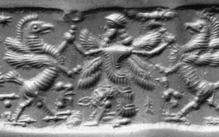 Winged hero grasping griffin on either side