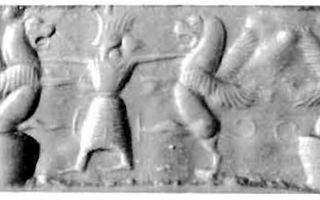 Persian hero grasping lion-griffin on either side