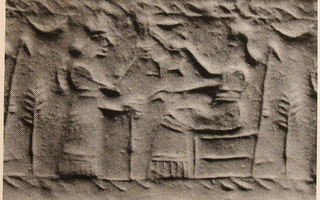 Pot-stand between king sitting on throne and his attendant