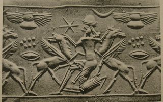 Hero grasping winged horse on either side