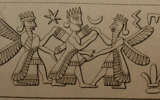 Two winged heroes grasping armed goddess