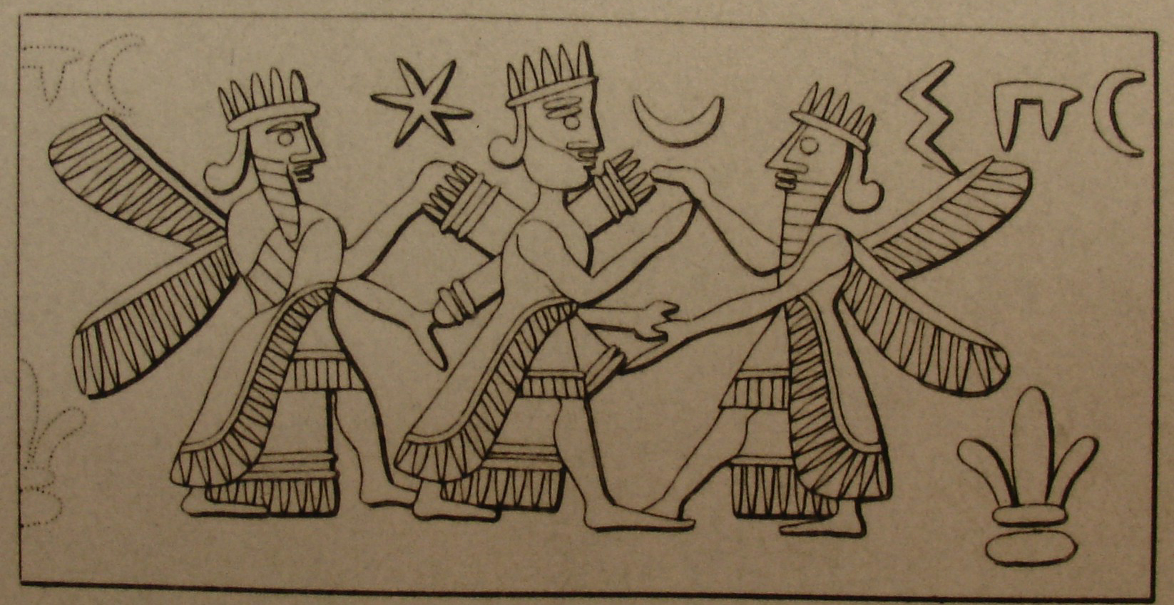 Two winged heroes grasping armed goddess