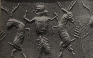 Royal hero grasping deer on either side