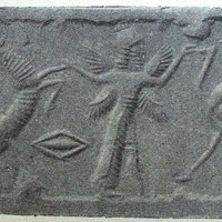 Winged hero grasping bull and ostrich