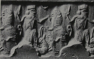 Royal hero fighting lion while stepping on wild goat (ibex) or gazelle (antelope)