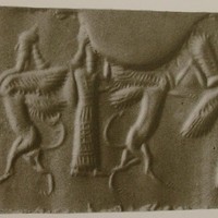 Winged hero grasping human-headed winged lion (lamassu, sphinx) on either side next to worshipper