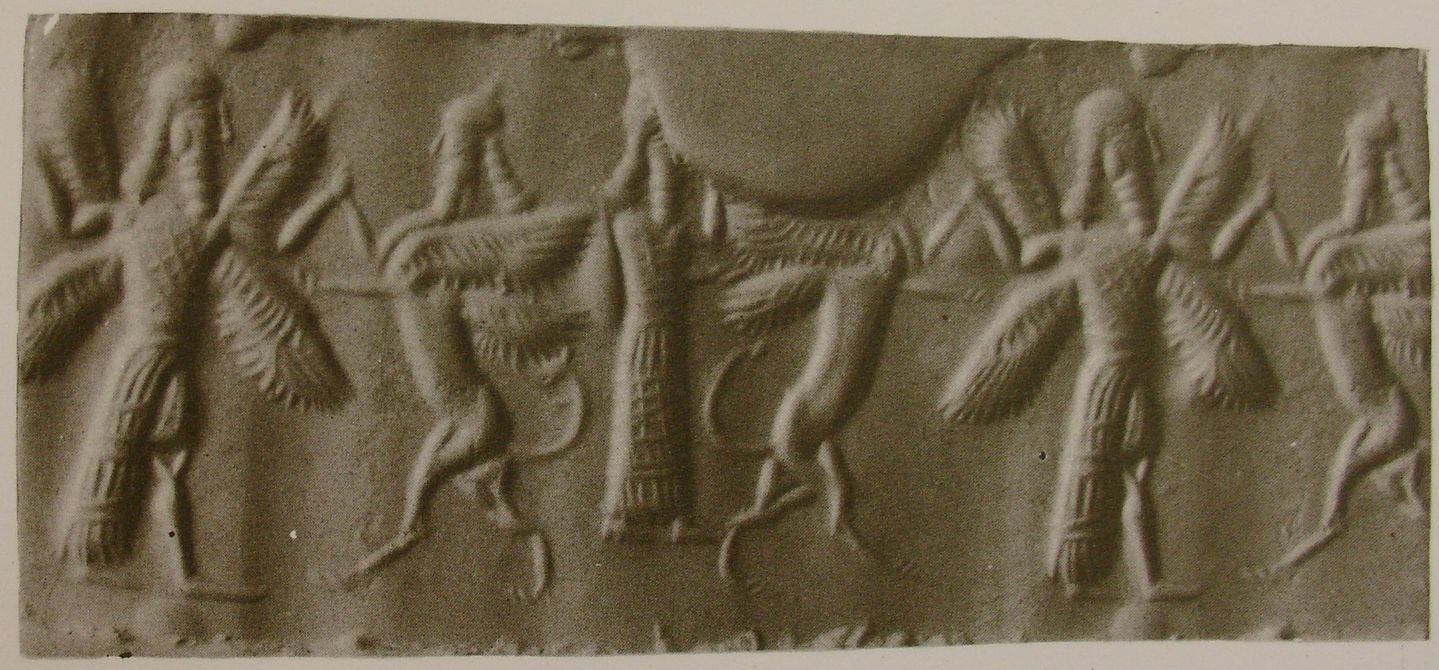 Winged hero grasping human-headed winged lion (lamassu, sphinx) on either side next to worshipper