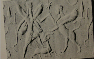 Winged hero fighting human-headed winged lion (lamassu, sphinx) while stepping on gazelle (antelope)