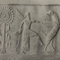 Winged hero fighting griffin beside winged sun-disc above stylised tree (rosette tree) (modern [i.e., fake])