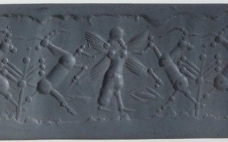 Winged hero grasping wild goat (ibex) on either side