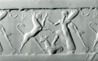 Winged hero fighting bull while stepping on bull