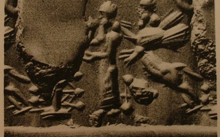 Worshipper facing stylised tree next to rampant human-headed winged lion (lamassu, sphinx)