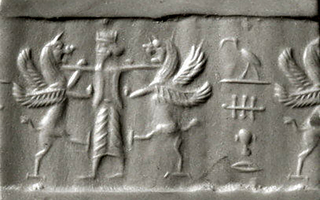 Royal hero grasping lion-griffin on either side