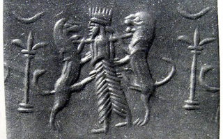 Royal hero grasping lion on either side