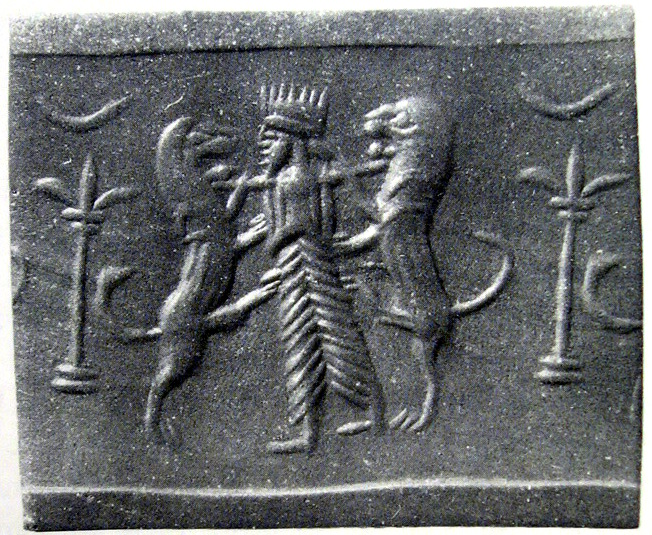 Royal hero grasping lion on either side