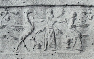 Winged hero grasping griffin and human-headed winged lion (shedu, sphinx) (modern [i.e., fake])