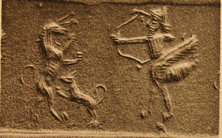 Scorpion-tailed bird man (archer) hunting rampant lion attacked by dog (hound)
