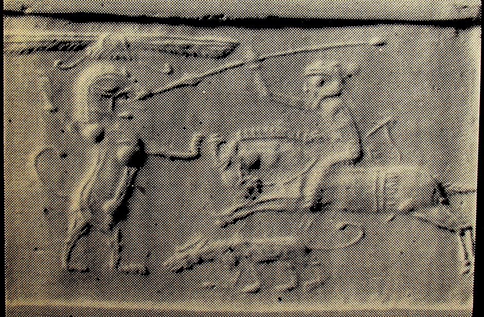 Horse-riding nomadic spearman hunting lion with dog (hound)