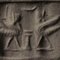 Two scorpion-tailed bird-men flanking incense burner