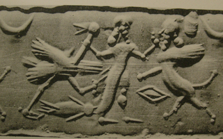 Hero grasping ostrich and human-headed winged lion (shedu, sphinx)