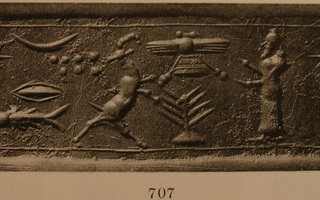 Worshipper and rampant wild goat (ibex) flanking stylised tree under winged sun-disc