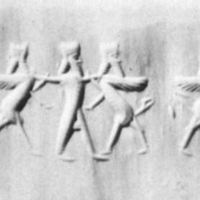 Hero grasping human-headed winged lion (lamassu, sphinx) on either side