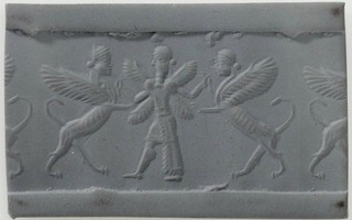 Winged hero grasping human-headed winged lion (lamassu, sphinx) on either side