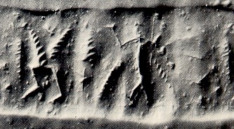 Stamp-cylinder seal: Apkallu (winged genie) or divine hero following winged hybrid creature (cylinder image) – lion-griffin (stamp image)