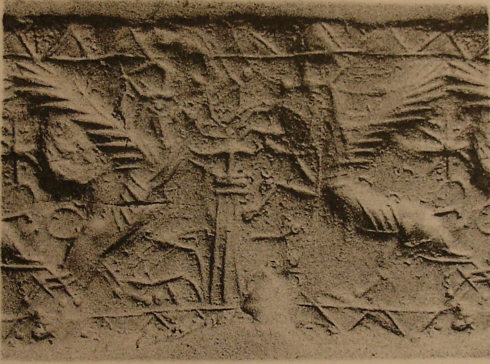 Two human-faced winged wild goats (ibexes) flanking stylised plant