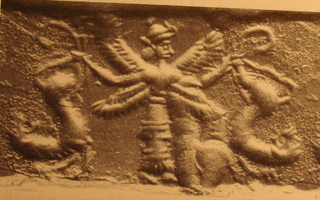 Four-winged goddess (wind demon[?]) carrying lion on either side