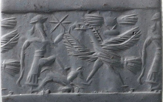 Hero fighting bird of prey while stepping on bull