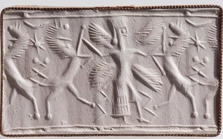 Winged hero grasping lion on either side