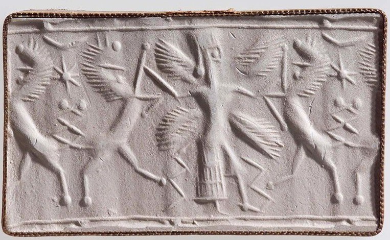 Winged hero grasping lion on either side