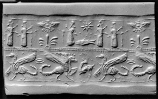 Ritual scene: Two worshippers holding streamers of winged sun-disc while another stands behind – Mythological scene: Two scorpion-tailed griffins flanking wild goat (ibex) [dual scene]