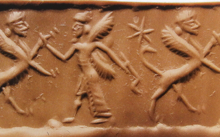 Winged hero fighting human-headed winged lion (shedu, sphinx)