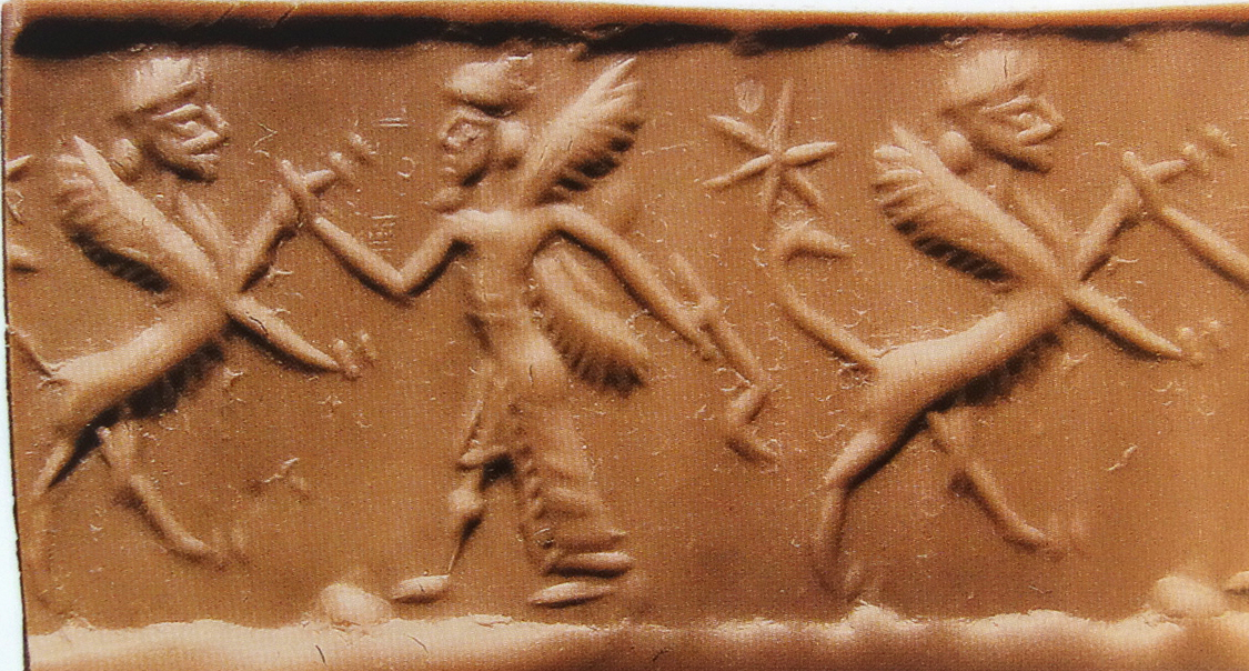 Winged hero fighting human-headed winged lion (shedu, sphinx)