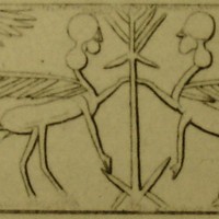 Two rampant human-headed winged lions (shedus, sphinxes) flanking stylised tree