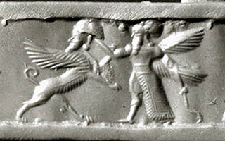 Winged hero fighting human-headed winged lion (shedu, sphinx)