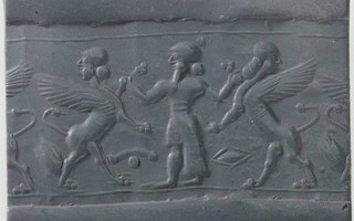 Hero grasping human-headed winged lion (lamassu, sphinx) on either side