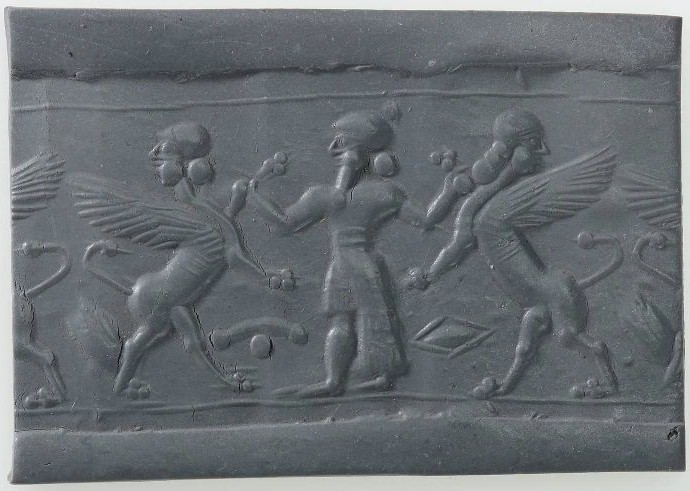 Hero grasping human-headed winged lion (lamassu, sphinx) on either side