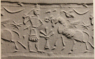 Hero fighting winged bull