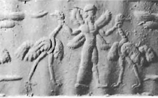 Winged hero grasping ostrich on either side