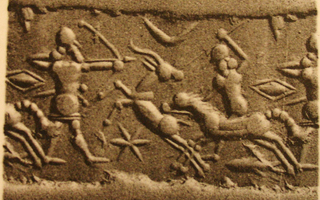 Archer and horse-riding spearman hunting gazelle (antelope)