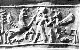 Hero grasping winged bull on either side