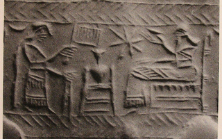 Pot-stand between king sitting on throne and his attendant