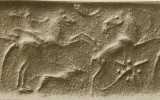 Horse-riding archer hunting wild goat (ibex) with dog (hound)