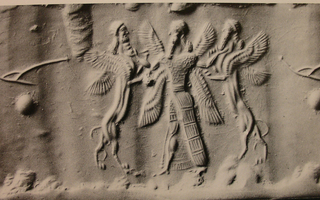 Winged hero grasping human-headed winged lion (shedu, sphinx) on either side