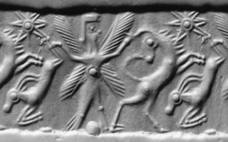 Winged hero grasping bull and carrying gazelle (antelope)